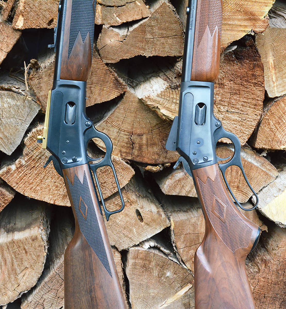The Ruger produced Marlin Model 1894 Classic in 44 Magnum (left) can be changed from a straight grip stock to a pistol grip (right).